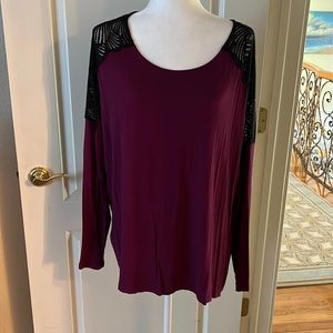 Catherine Malandrino long sleeve burgundy top with lace shoulder detail